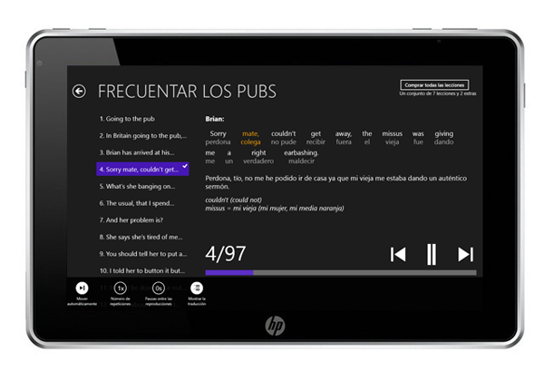 Ingles de Pub en tableta con Windows 8 - frase y ajustes